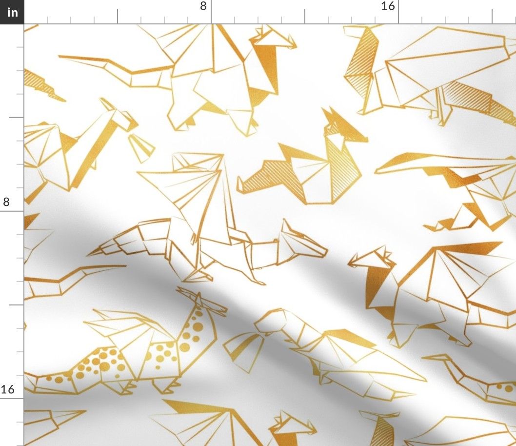 Normal scale // Origami metallic dragon friends // white background golden lined fantasy animals