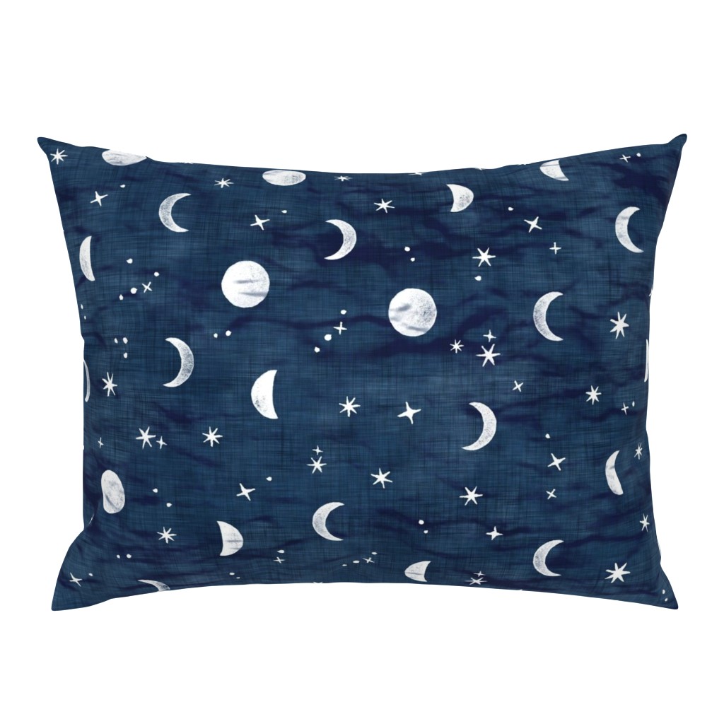 Shibori Moons and Stars on Dark Indigo (xl scale) | Night sky fabric, block printed moon on linen pattern, crescent moon, arashi shibori linen.