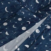 Shibori Moons and Stars on Dark Indigo (xl scale) | Night sky fabric, block printed moon on linen pattern, crescent moon, arashi shibori linen.