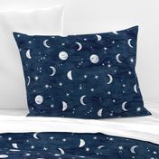 Shibori Moons and Stars on Dark Indigo (xl scale) | Night sky fabric, block printed moon on linen pattern, crescent moon, arashi shibori linen.