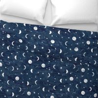 Shibori Moons and Stars on Dark Indigo (xl scale) | Night sky fabric, block printed moon on linen pattern, crescent moon, arashi shibori linen.