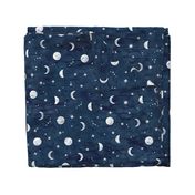 Shibori Moons and Stars on Dark Indigo (xl scale) | Night sky fabric, block printed moon on linen pattern, crescent moon, arashi shibori linen.