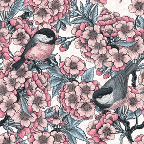 Cherry blossom and chickadee birds, small size