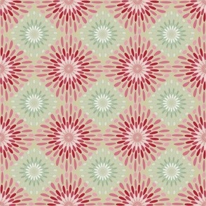 Joyful daisy grid in coral and green on a peach backdrop, radiating a sunny, hand-drawn charm.