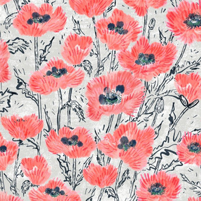 Oriental Ruffled Coral Poppies (silver canvas) 24”