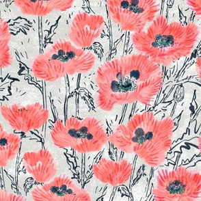 Oriental Ruffled Coral Poppies (silver canvas) 12”