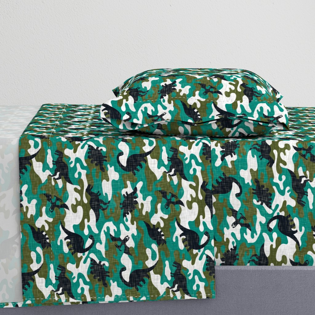 Dinosaur Camouflage / Green Linen Texture Camo Military Dino Boy Fabric Wallpaper