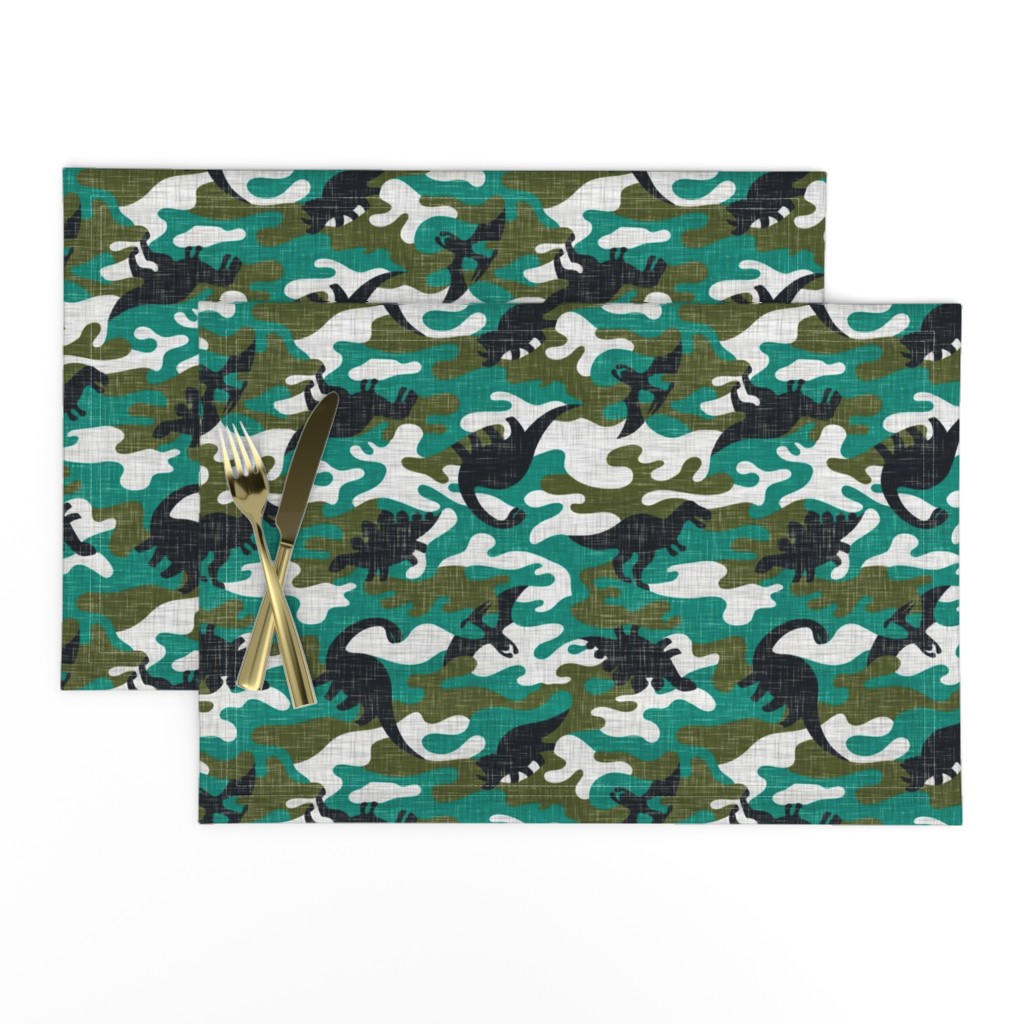 Dinosaur Camouflage / Green Linen Texture Camo Military Dino Boy Fabric Wallpaper