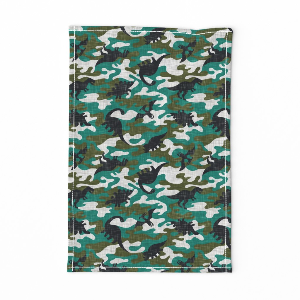 Dinosaur Camouflage / Green Linen Texture Camo Military Dino Boy Fabric Wallpaper