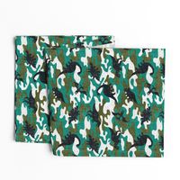Dinosaur Camouflage / Green Linen Texture Camo Military Dino Boy Fabric Wallpaper