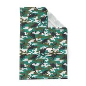 Dinosaur Camouflage / Green Linen Texture Camo Military Dino Boy Fabric Wallpaper