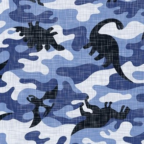 Dinosaur Camouflage / Blue Linen Texture Camo Military Dino Boy Fabric Wallpaper