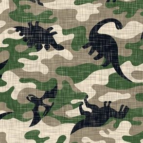 Dinosaur Camouflage / Khaki Linen Texture Camo Military Dino Boy Fabric Wallpaper
