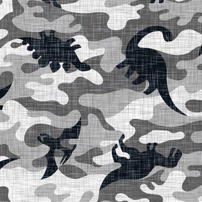 Dinosaur Camouflage / Grey Linen Texture Camo Military Dino Boy Fabric Wallpaper