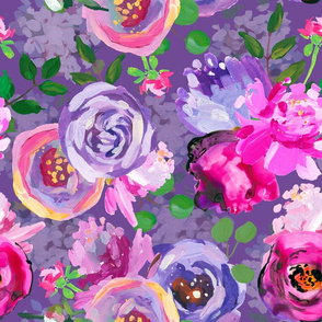 18" Hand drawn acrylic purple  thic monet spring flowers  on purple
