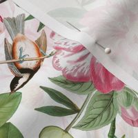 10" Vintage Spring Birds Magnolias and Peony Flowers white