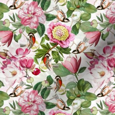 6" Vintage Spring Birds Magnolias and Peony Flowers white