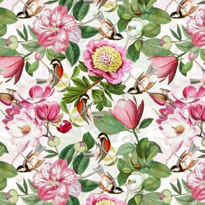 6" Vintage Spring Birds Magnolias and Peony Flowers white