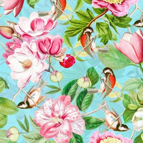 9" Vintage Spring Birds Magnolias and Peony Flowers turquoise
