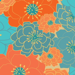 Soft Blooms-Floral Chintz-Bright Orange and Teal-Spring Bright Palette-XL Scale