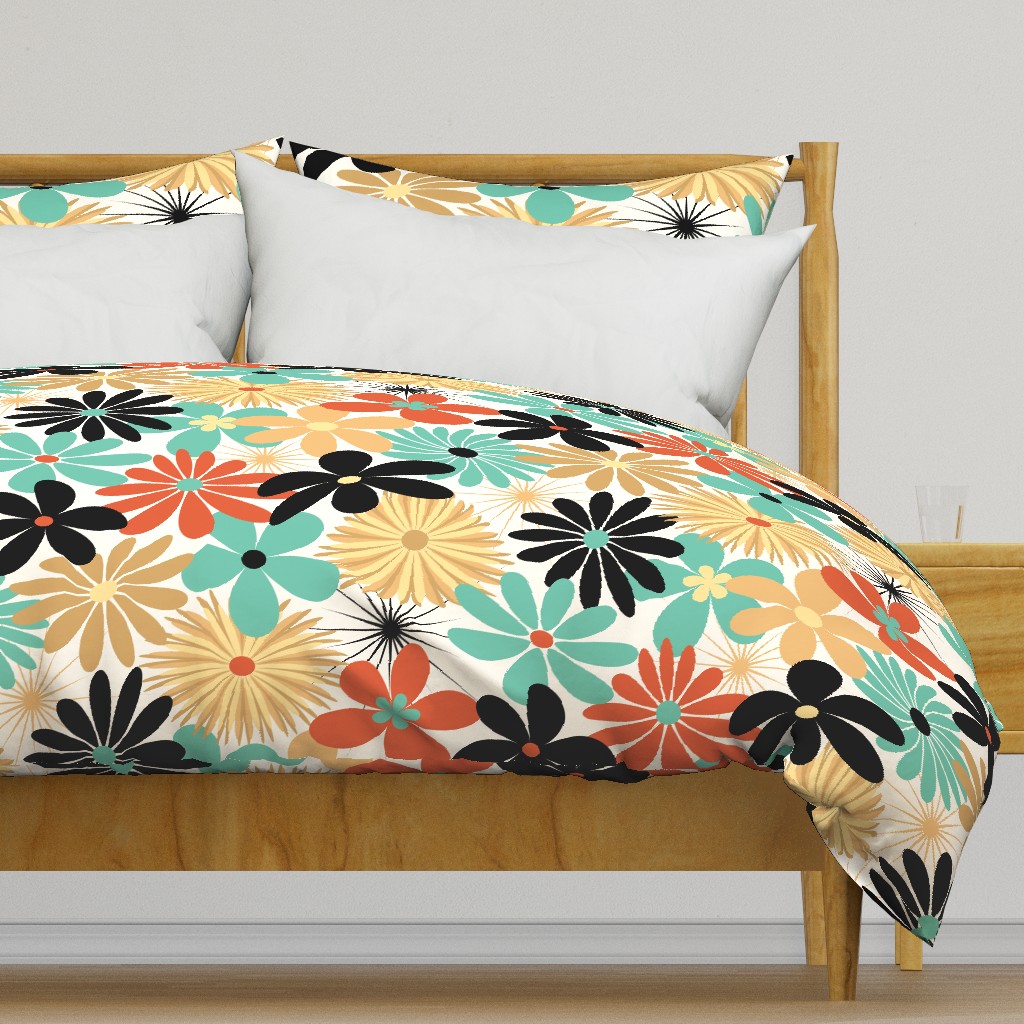 Mid Century Retro Floral // Country Red, Aqua, Butter Yellow, Black, Ivory