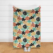 Mid Century Retro Floral // Country Red, Aqua, Butter Yellow, Black, Ivory