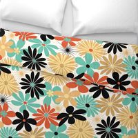 Mid Century Retro Floral // Country Red, Aqua, Butter Yellow, Black, Ivory