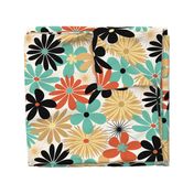 Mid Century Retro Floral // Country Red, Aqua, Butter Yellow, Black, Ivory