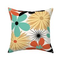 Mid Century Retro Floral // Country Red, Aqua, Butter Yellow, Black, Ivory