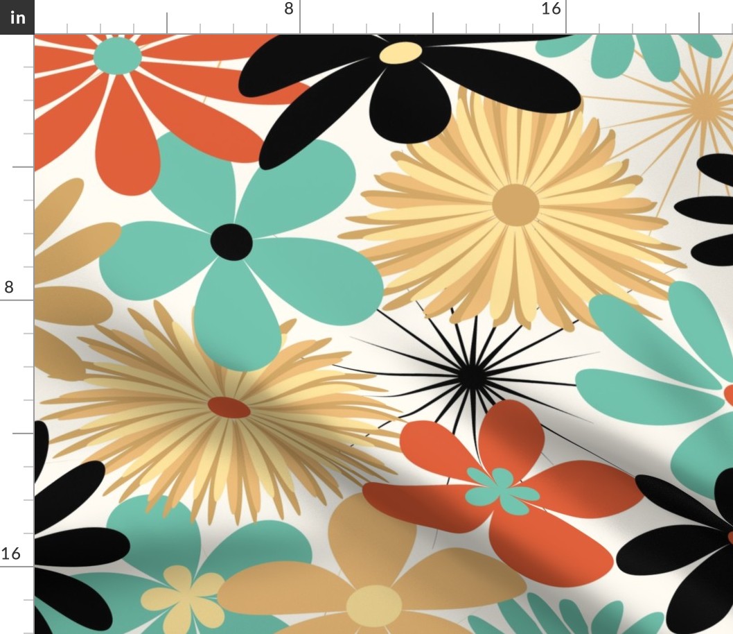 Mid Century Retro Floral // Country Red, Aqua, Butter Yellow, Black, Ivory