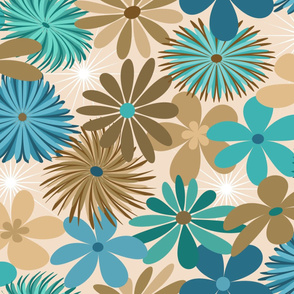 Retro Floral // Teal, Verdigris, Turquoise, Denim Blue, Brown, Wheat, Khaki Tan