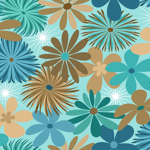 Retro Floral // Teal, Verdigris, Turquoise, Denim Blue, Brown, Wheat, Khaki Tan // Version 2