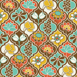 Flower Quatrefoil in Country Colors // Red, Turquoise, Saffron Yellow, Chocolate Brown, Ivory