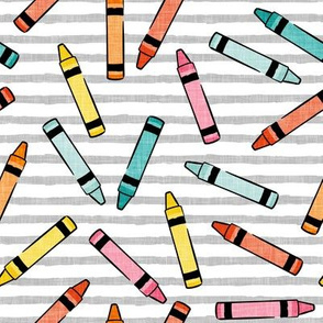 crayons - school supplies - kids art - multi on grey stripes - LAD20