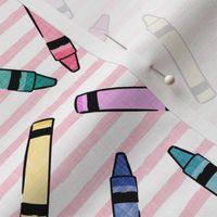crayons - school supplies - kids art - pastels on pink stripes - LAD20