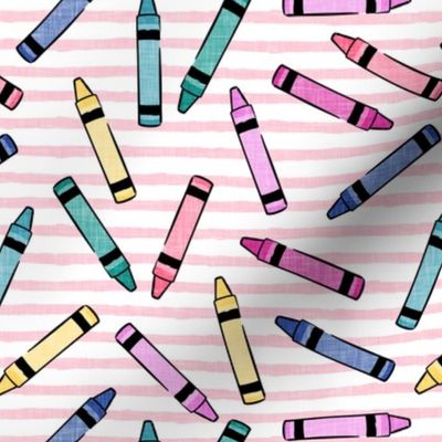 crayons - school supplies - kids art - pastels on pink stripes - LAD20