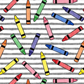 crayons - school supplies - kids art - primary on grey stripes - LAD20