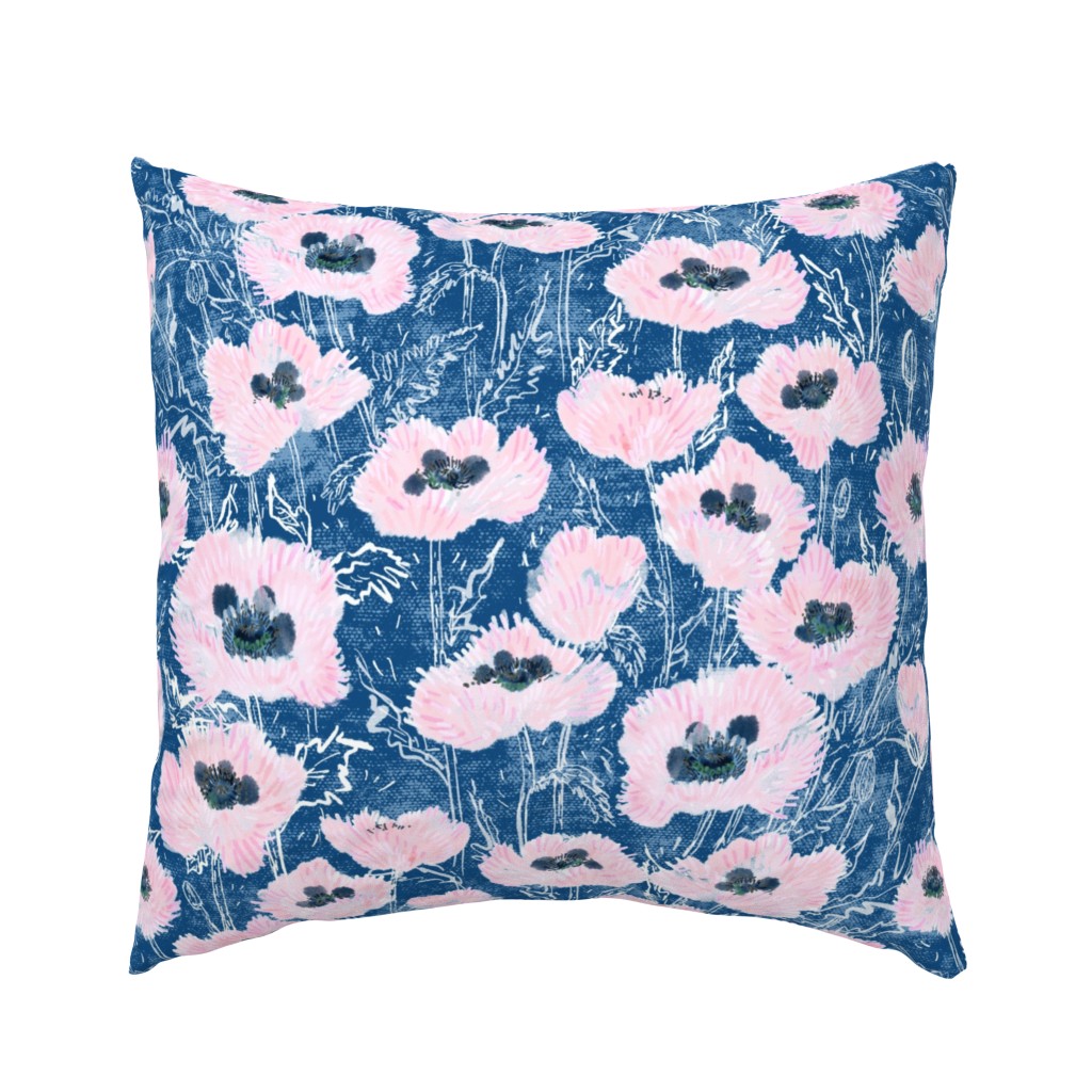 Oriental Ruffled Pink Poppies (classic blue) 24”