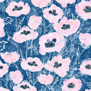 Oriental Ruffled Pink Poppies (classic blue) 24”