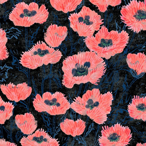 Oriental Ruffled Coral Poppies (black) 24”