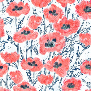 Oriental Ruffled Coral Poppies (blue-white) 24”