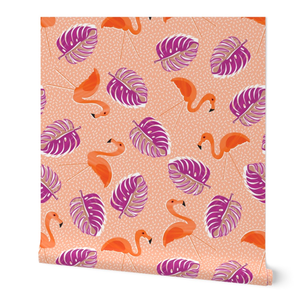 Ditsy flamingoes and monsteria - orange and purple
