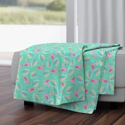 Ditsy flamingoes and monsteria - green and pink