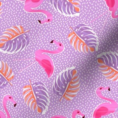 Ditsy flamingoes and monsteria - purple and pink