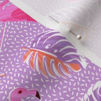 Ditsy flamingoes and monsteria - purple and pink