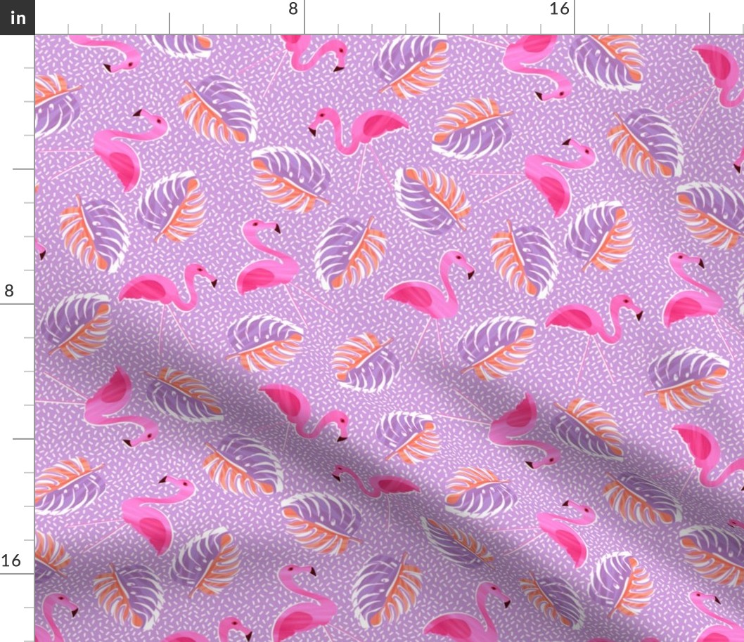 Ditsy flamingoes and monsteria - purple and pink