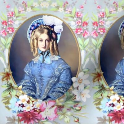white pink red flowers floral leaves leaf oval frame blue Victorian bonnets hats beautiful young woman lady  bows blue gowns blond hair ringlets curly barrel curls 19th century white green romantic beauty vintage antique elegant gothic lolita egl layered 