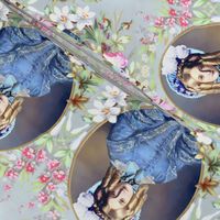 white pink red flowers floral leaves leaf oval frame blue Victorian bonnets hats beautiful young woman lady  bows blue gowns blond hair ringlets curly barrel curls 19th century white green romantic beauty vintage antique elegant gothic lolita egl layered 