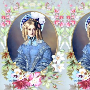 white pink red flowers floral leaves leaf oval frame blue Victorian bonnets hats beautiful young woman lady  bows blue gowns blond hair ringlets curly barrel curls 19th century white green romantic beauty vintage antique elegant gothic lolita egl layered 