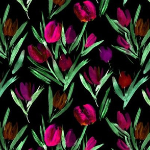 Tulips for princess on black ★ watercolor florals for modern home decor, clothes
